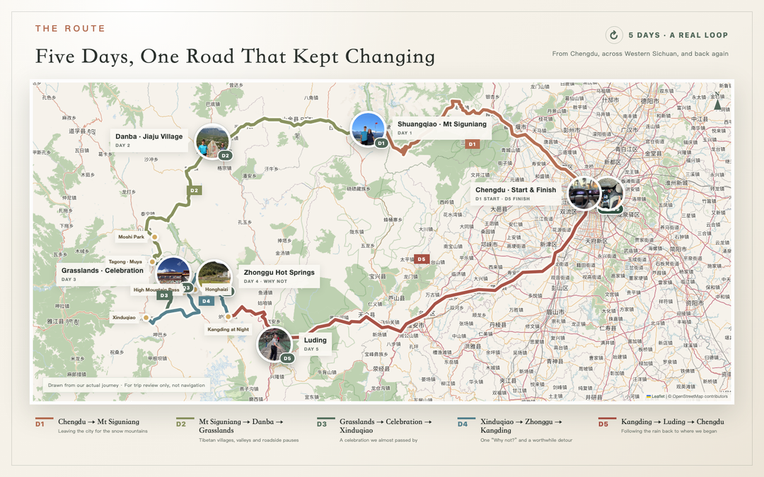 Road map of Eva and Martin’s five-day Western Sichuan loop from Chengdu through Mount Siguniang, Danba, Tagong, Xinduqiao, Kangding and Luding, returning to Chengdu